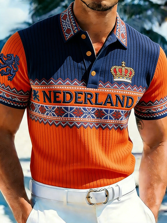 Casual gebreid poloshirt voor heren met etnische print met Koninginnedag-thema